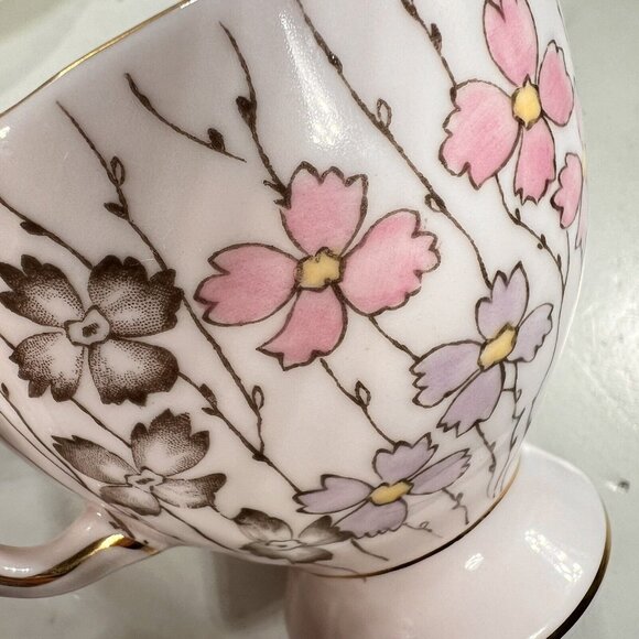 Vtg Tuscan Hand Painted Pink Floral Tea Cup Saucer English Pedestal Gold Trim - Picture 4 of 13
